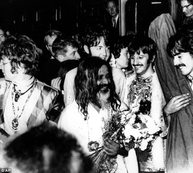 TM has been practised in India for thousands of years but was widely popularised in the West following its adoption by The Beatles in the Sixties. Pictured, John Lennon, left, Paul McCartney, background centre, Ringo Starr and George Harrison with TM guru Maharishi Mahesh Yogi in Bangor, Wales, in 1967. The Maharishi was later accused of being a frau