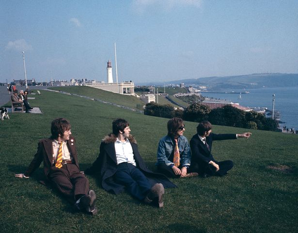 John Lennon, Paul McCartney, George Harrison, Ringo Starr - posed for a group shot - during the Magical Mystery Tour