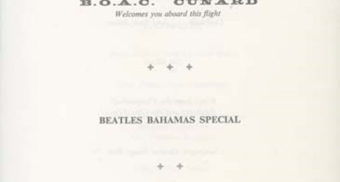 Menu signed by all four Beatles from a flight when getting high was the refreshment