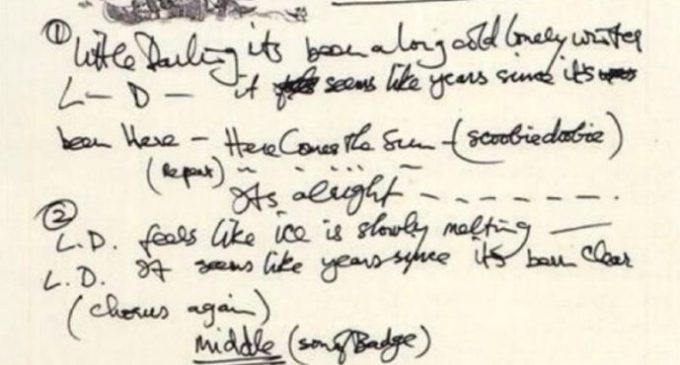 George Harrison handwritten lyrics for ‘Here Comes the Sun’