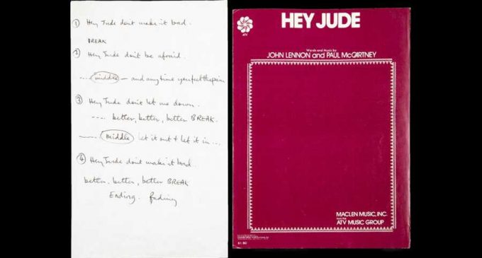 Lyrics to The Beatles’ ‘Hey Jude,’ handwritten by Paul McCartney, sold for nearly $1 million