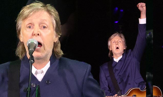 Paul McCartney dons a double-breasted navy jacket during his Got Back tour in California | Daily Mail Online