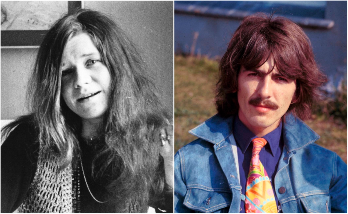 Janis Joplin posing in 1969 and George Harrison in 1967.