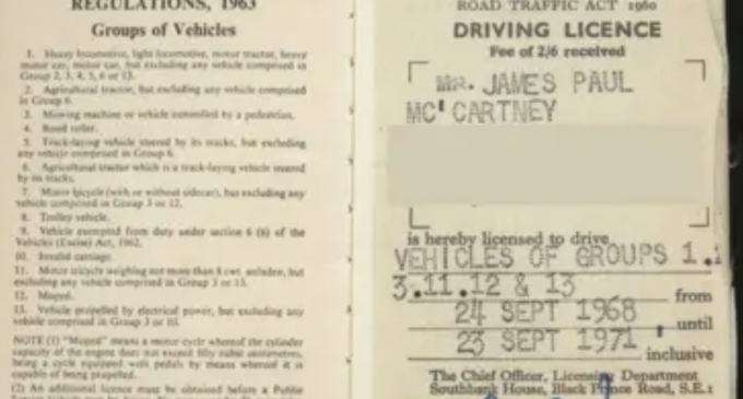 Paul McCartney’s old driving licence sells at auction in Woking